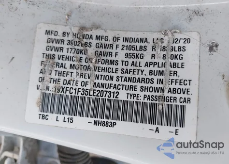 2020 Honda Civic Ex из США, поврежденный, VIN 19XFC1F35LE207312